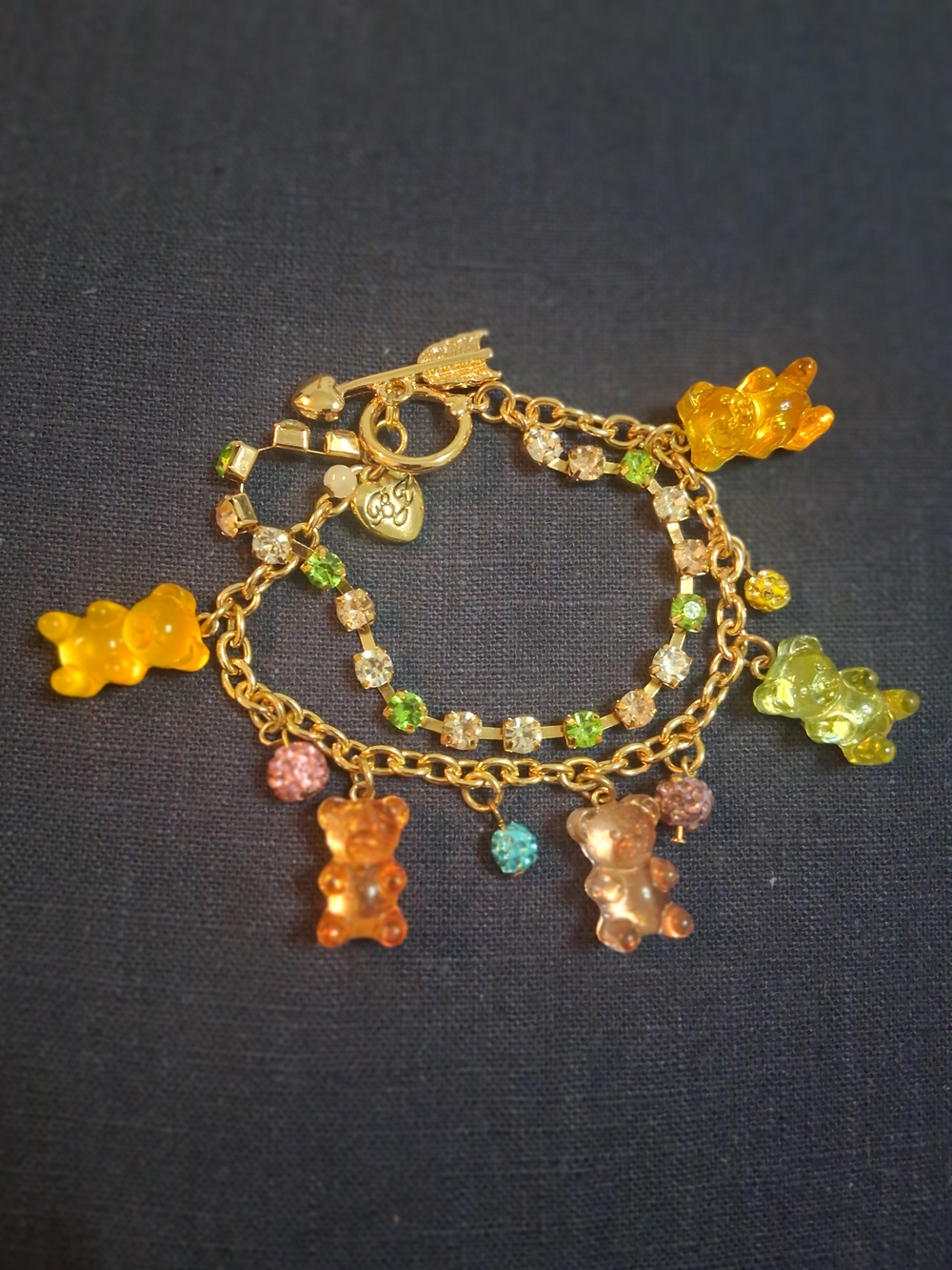 Gold-Tone Multicolor Gummy Bear Charm Bracelet - Playful Pastel Accents